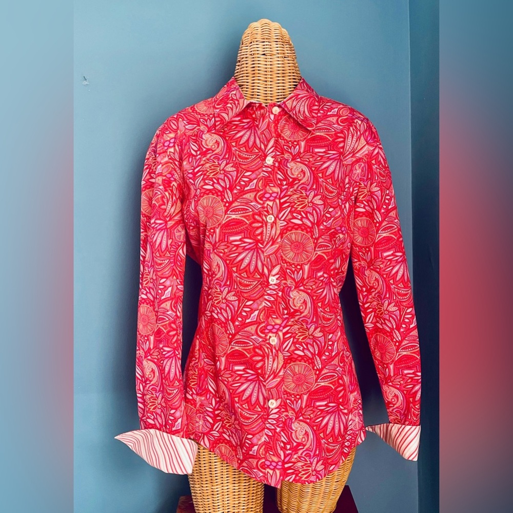 Liz Claiborne 100% Cotton Fitted Blouse. Size 16. Vibrant Summer Print.